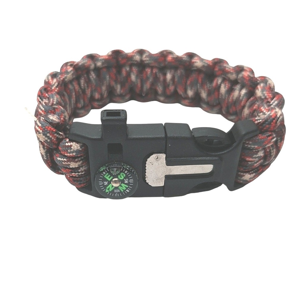 Tactical Paracord Survival Bracelet Red Camo Compass Whistle Fire Starter 9 Inch
